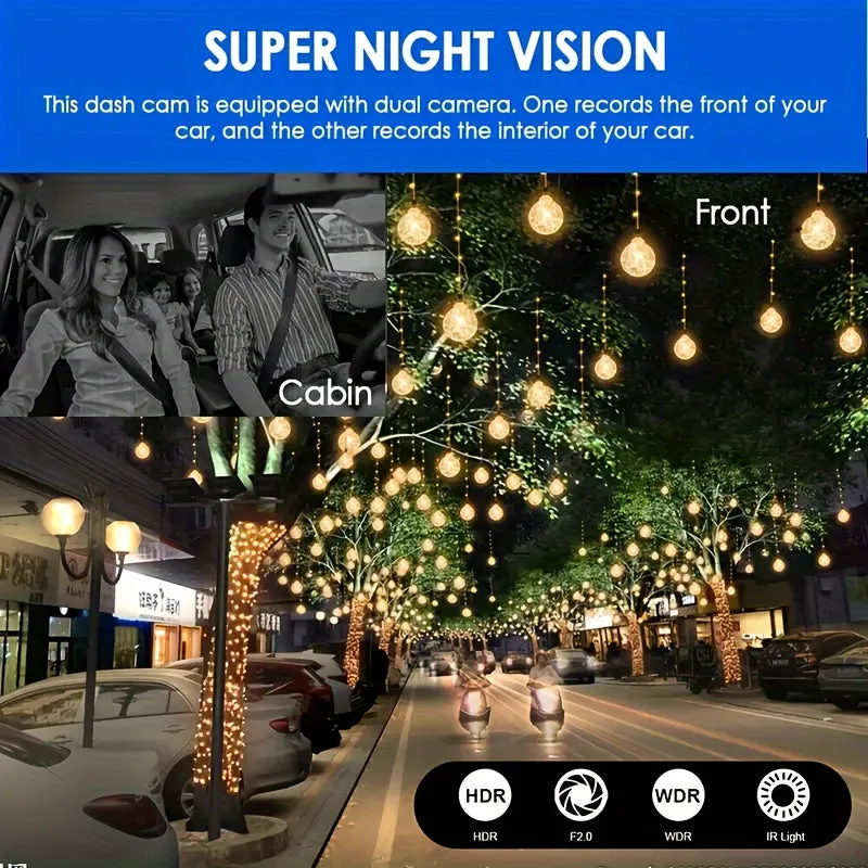 1080P Dual Camera, Dash Cam For Cars, Front And Inside, Car Camera With IR Night Vision, Loop Recording, Wide Angle Car DVR Camera With 3.16 Inch IPS Screen, Dual Lens Car Dashboard Video Cam