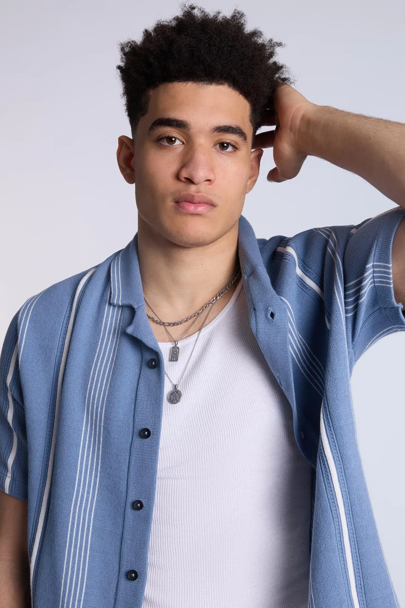 Cotton-Blend Sweater Knit Striped Short Sleeve Shirt