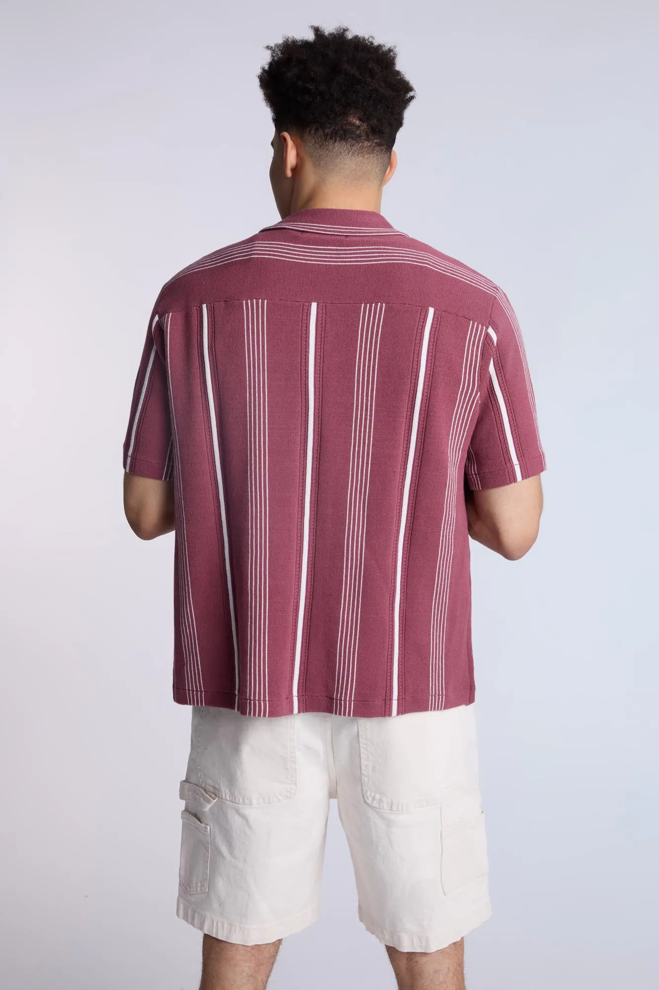 Cotton-Blend Sweater Knit Striped Short Sleeve Shirt