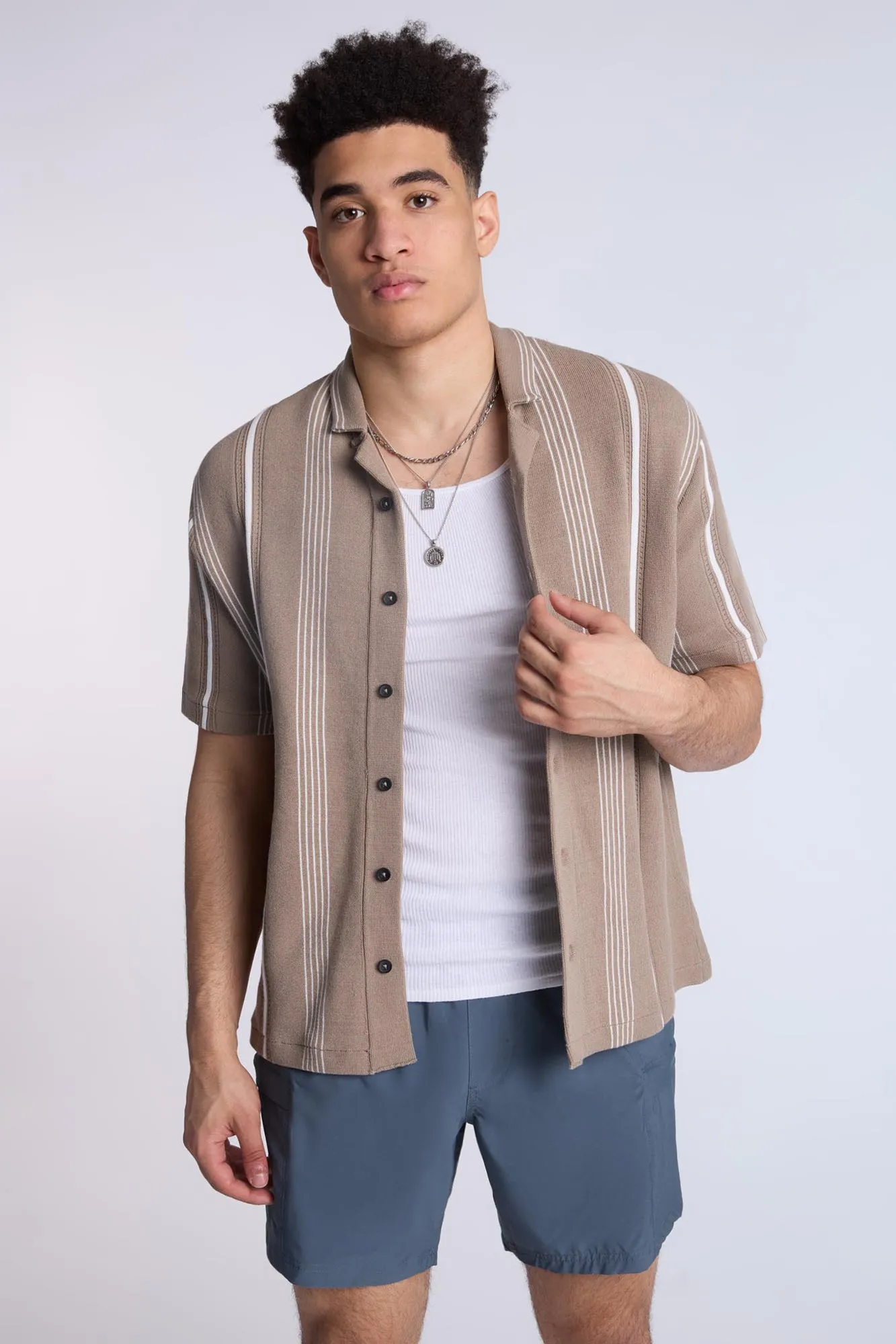 Cotton-Blend Sweater Knit Striped Short Sleeve Shirt
