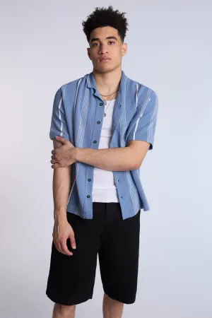 Cotton-Blend Sweater Knit Striped Short Sleeve Shirt