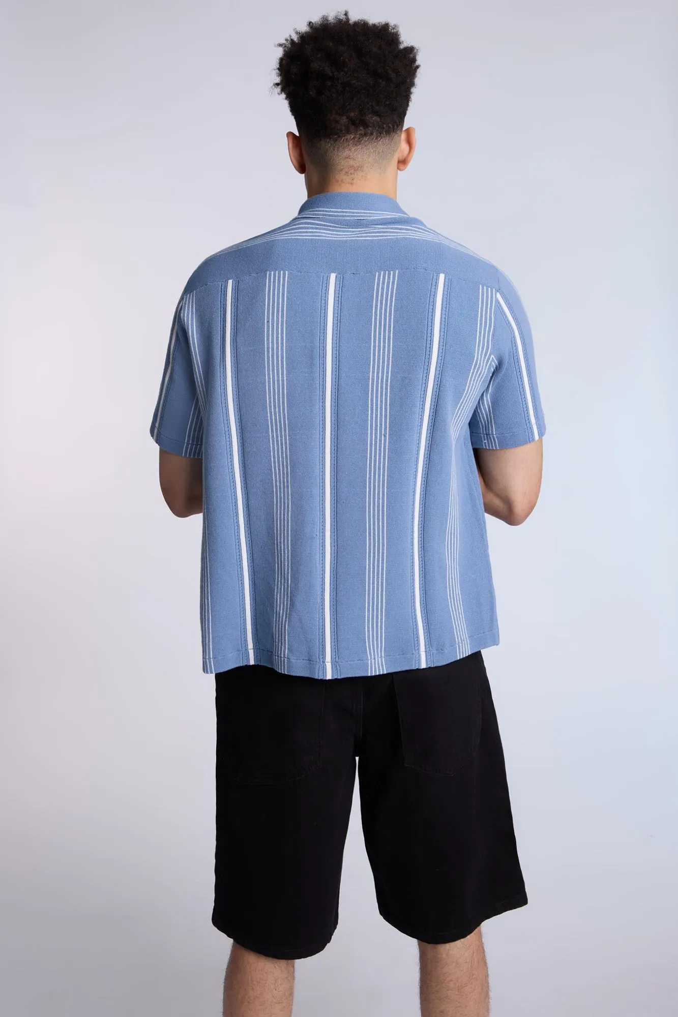 Cotton-Blend Sweater Knit Striped Short Sleeve Shirt