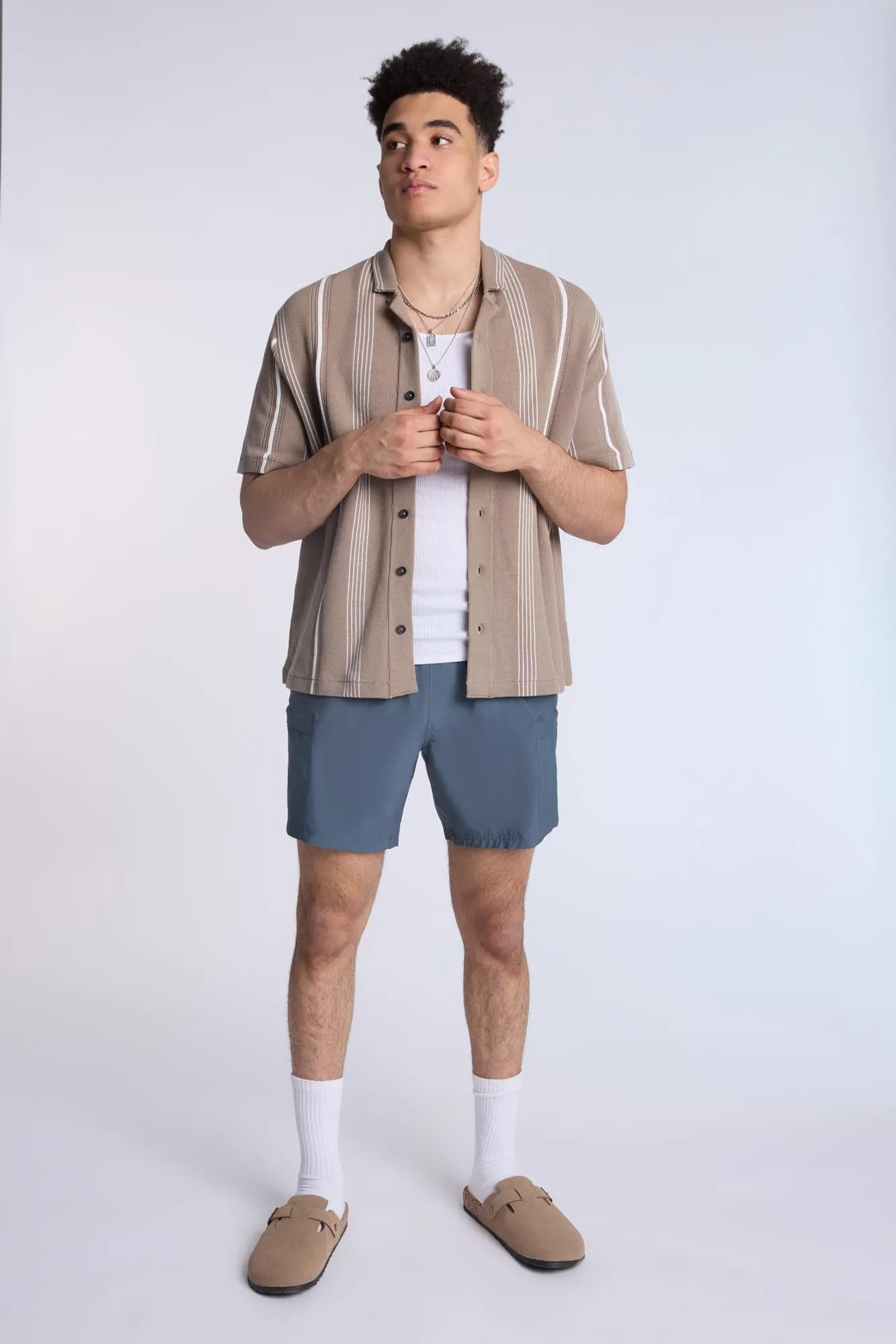 Cotton-Blend Sweater Knit Striped Short Sleeve Shirt