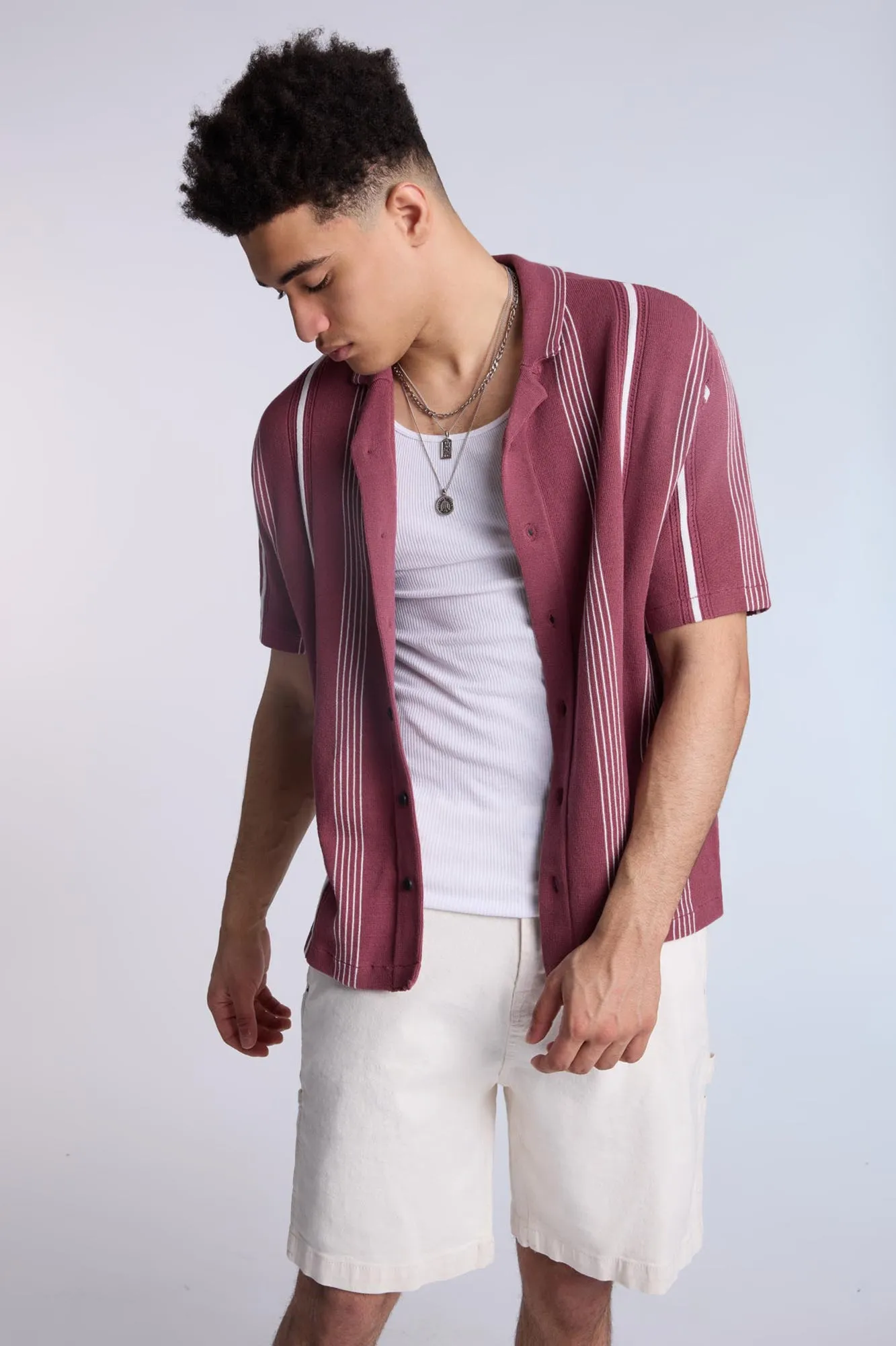 Cotton-Blend Sweater Knit Striped Short Sleeve Shirt