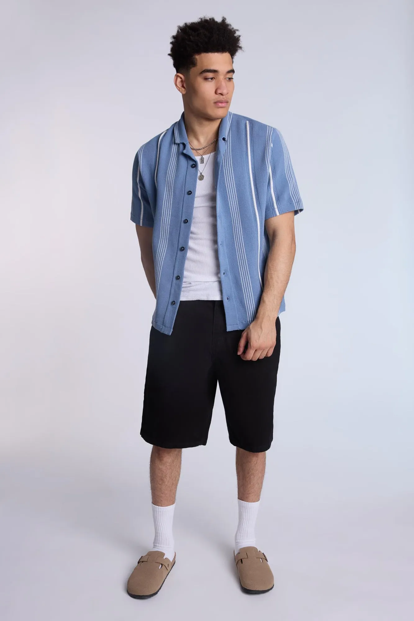 Cotton-Blend Sweater Knit Striped Short Sleeve Shirt