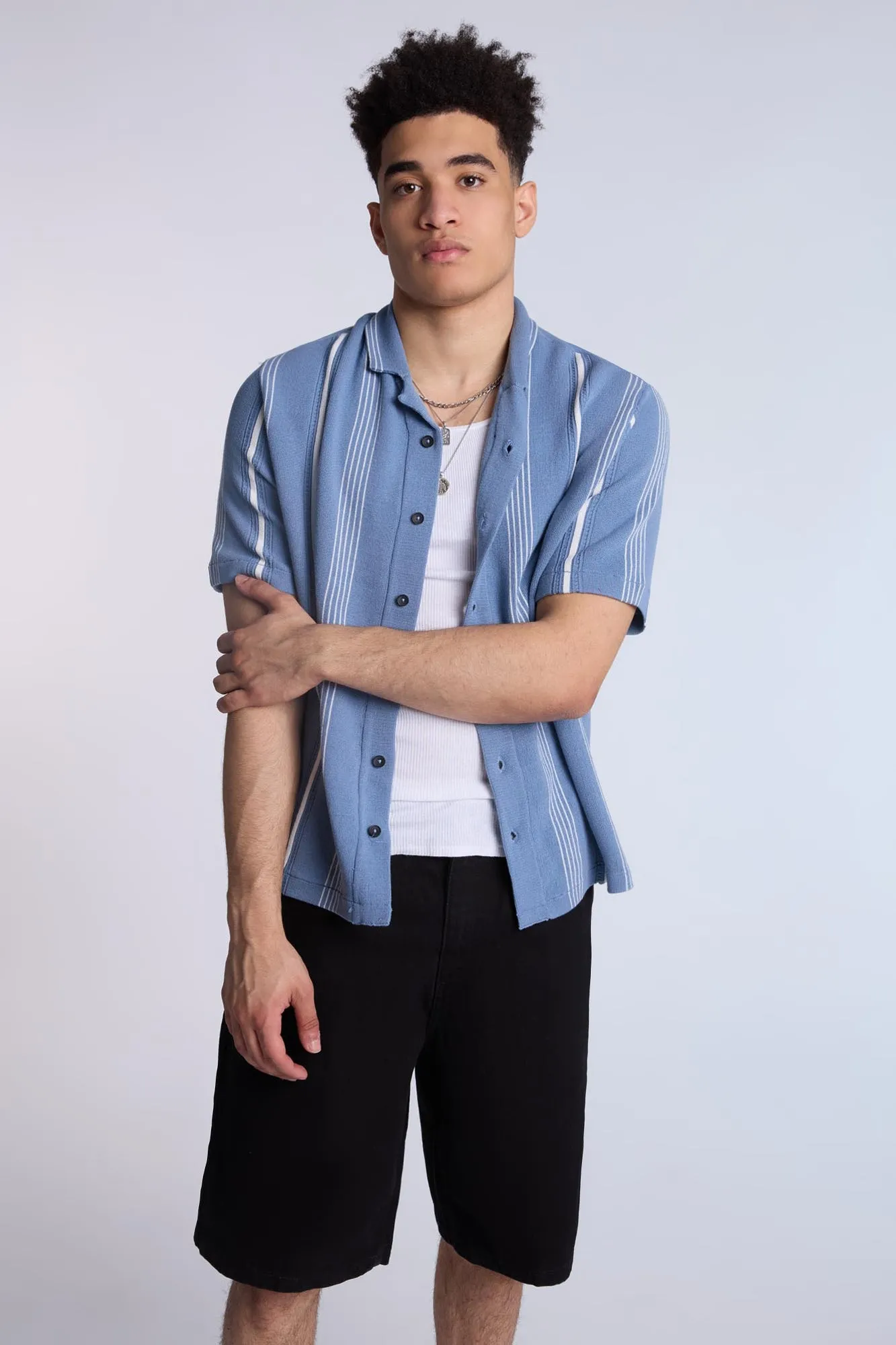 Cotton-Blend Sweater Knit Striped Short Sleeve Shirt