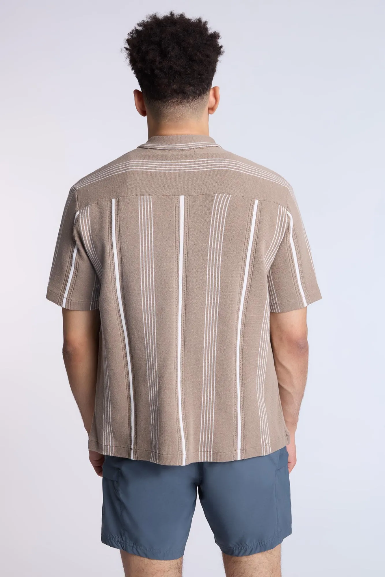 Cotton-Blend Sweater Knit Striped Short Sleeve Shirt