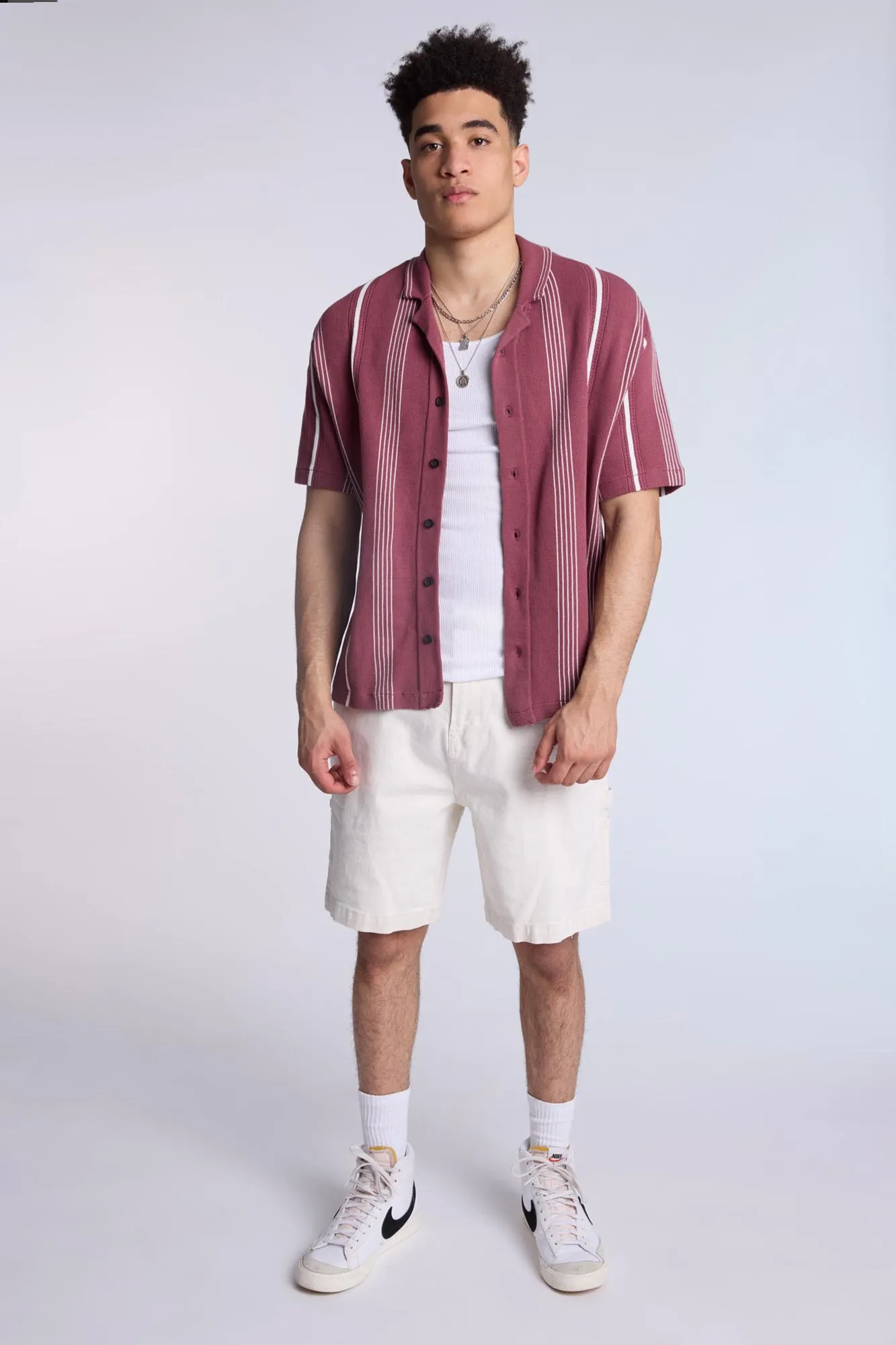 Cotton-Blend Sweater Knit Striped Short Sleeve Shirt