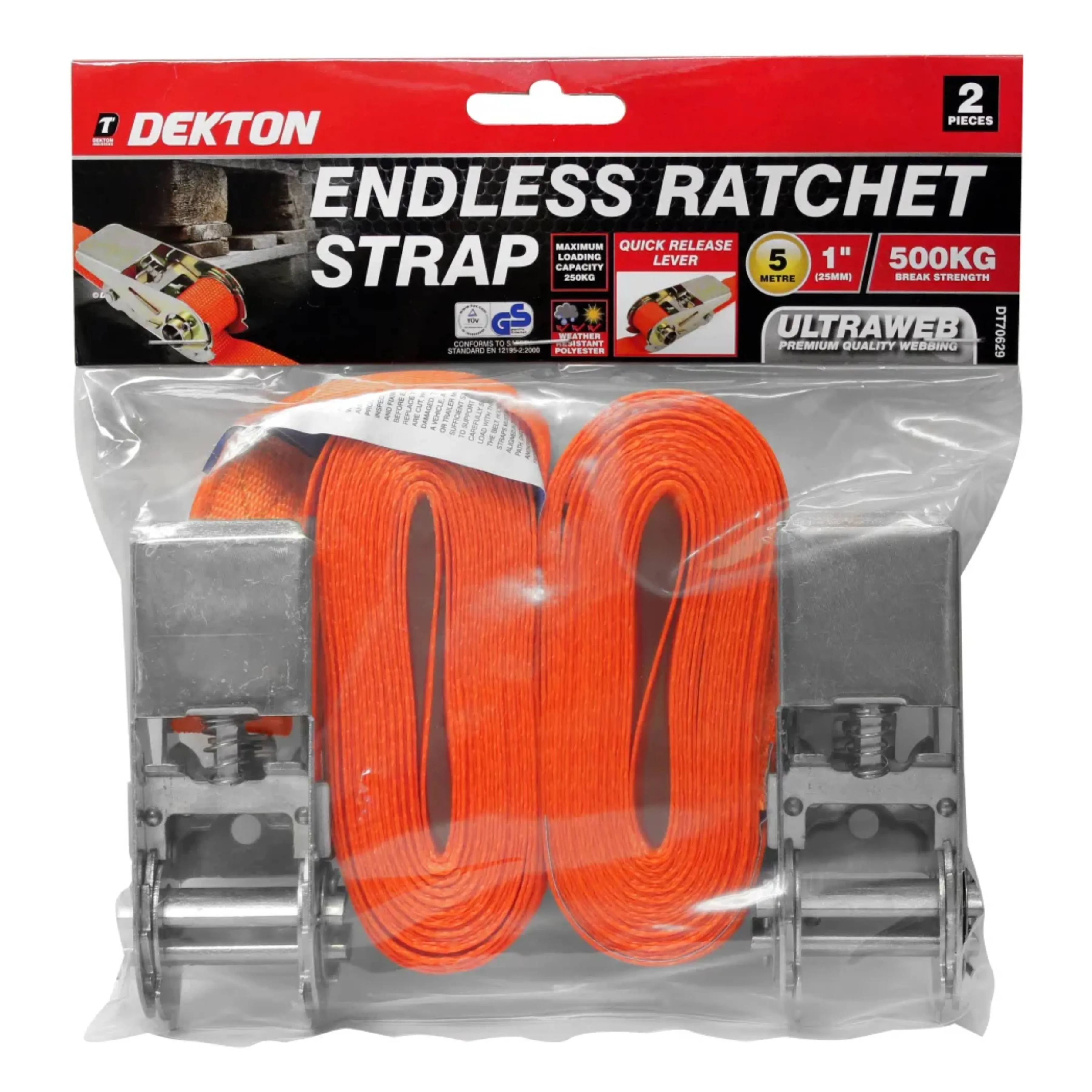 DEKTON 2PC 25mm X 5m Endless Ratchet Strap Set