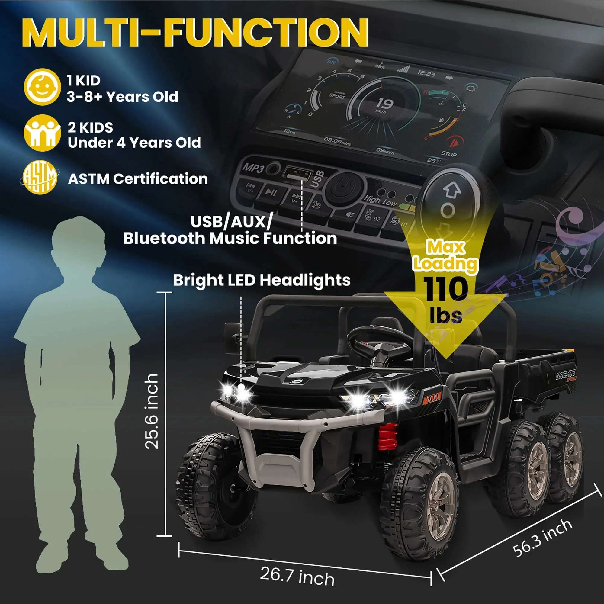 Joyracer 24V Ride on Toys, 2 Seater 6-Wheel UTV Car, 4WD Ride on Dump Truck for Big Kids with Trailer Remote Control, Black