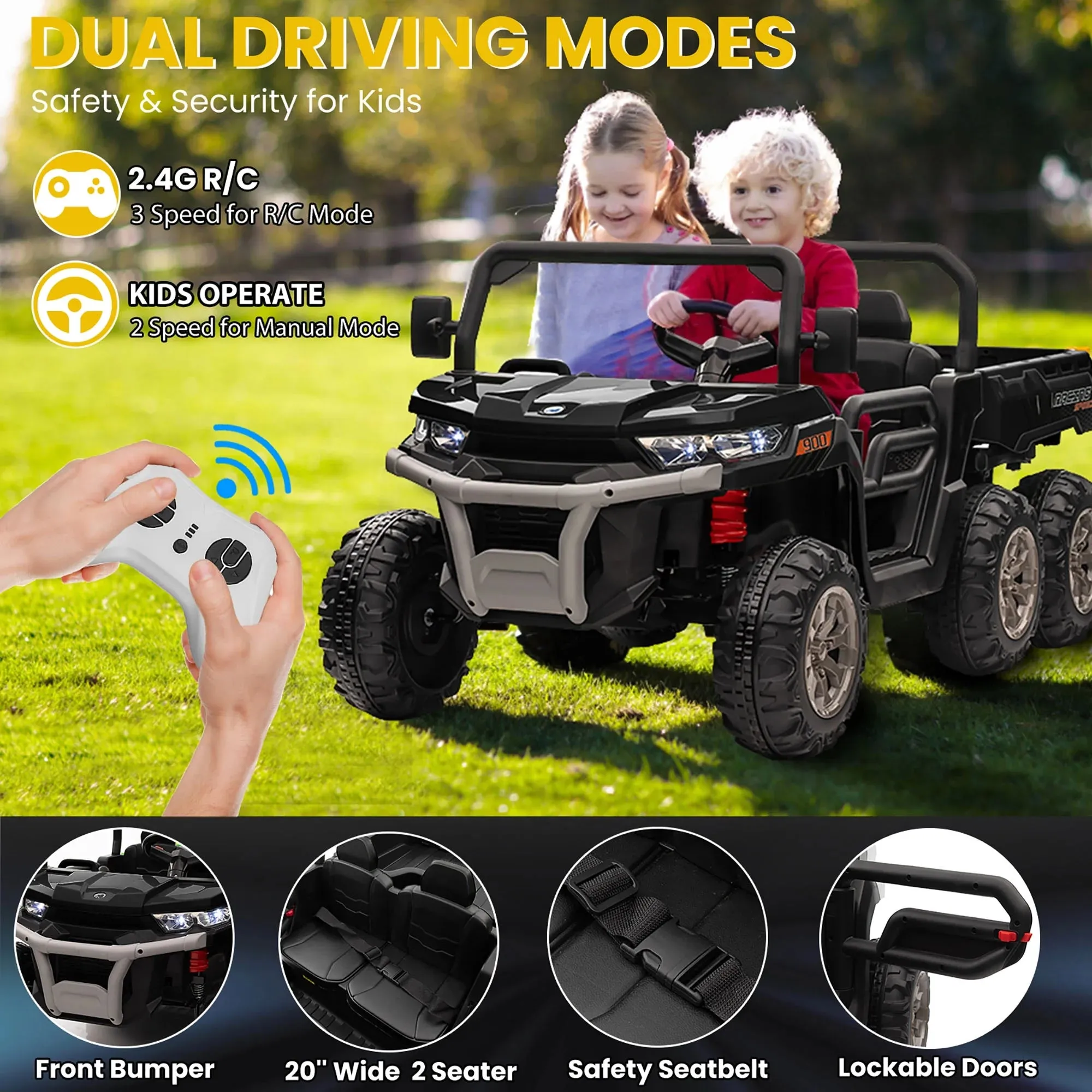 Joyracer 24V Ride on Toys, 2 Seater 6-Wheel UTV Car, 4WD Ride on Dump Truck for Big Kids with Trailer Remote Control, Black